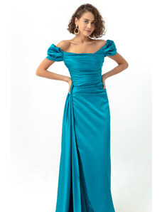 Lafaba Women's Turquoise Bateau Neckline Long Satin Evening Dress & Graduation Dress