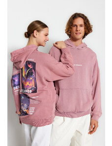 Trendyol Pale Pink Unisex Oversize/Wide Fit Faded Effect 100% Cotton Space Print Sweatshirt