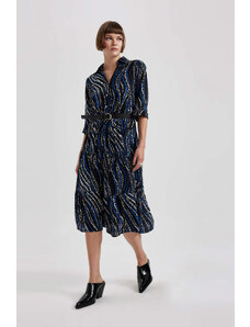 DEFACTO Shirt Collar Printed Midi Long Sleeve Dress