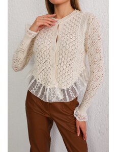 BİKELİFE Women's Ecru Buttoned Tulle Detailed Special Design Knitwear Sweater
