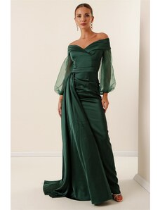 By Saygı Madonna Collar Lined Organza Sleeves Crepe Satin Long Dress Emerald