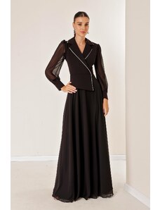 By Saygı Dvouřadý krk kámen Detailní lemované šifonové dlouhé šaty s rukávy a sukní