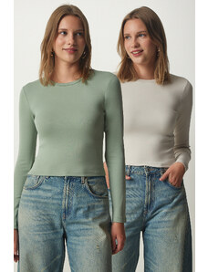 Happiness İstanbul Women's Almond Green Stone Crew Neck Wraparound 2-Pack Knitted Blouse