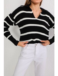 BİKELİFE Women's Black Polo Neck Striped Thick Knitwear Sweater