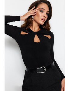 Trendyol Black Cut Out and Gathered Detail Fitted/Fitted Elastic Snaps Knitted Bodysuit