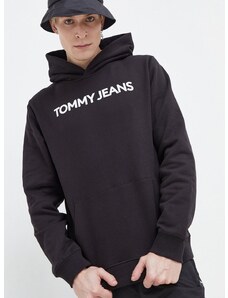 Bavlněná mikina Tommy Jeans pánská, černá barva, s kapucí, s potiskem, DM0DM18413