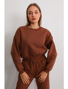 BİKELİFE Women's Brown Oversize Crop Sweatshirt