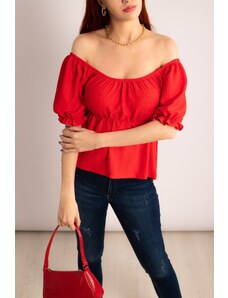 armonika Women's Red Elastic Waist And Sleeve Madonna Collar Blouse