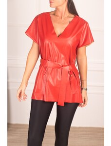 armonika Women's Red V-Neck Leather Look Blouse Short in Front and Long in Back Belted Blouse