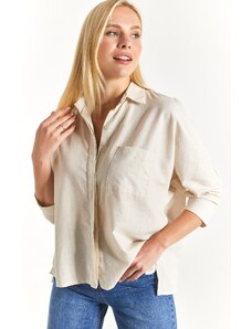 armonika Women's Light Beige Loose Linen Shirt with Pockets