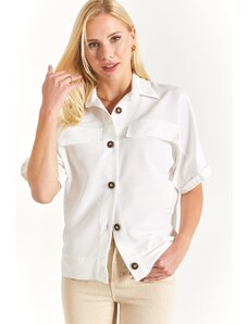 armonika Women's White Bat Sleeve Pocket Detailed Shirt Jacket