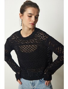 Happiness İstanbul Dámský černý prolamovaný pletený svetr