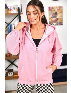 armonika Women's Pink Hooded Zipper Oversize Sweatshirt