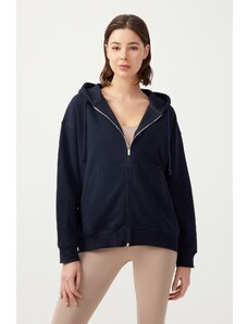 LOS OJOS Women's Navy Blue Hooded Oversized Rayon Zipper Knitted Sweatshirt.