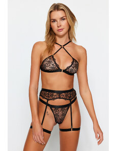 Trendyol Black Embroidered Lace With Garter Knitted Lingerie Set