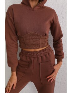 BİKELİFE Women's Brown Raised Three Thread Corset Detail Crop Sweat Tracksuit Set