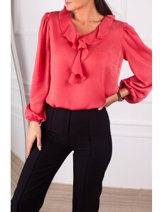 armonika Women's Dark Pink Satin Blouse with Frilled Collar on the Shoulders and Elasticated Sleeves