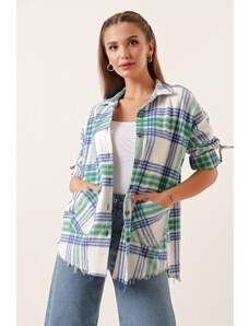By Saygı Double Pocket Checkered Cachet Shirt Green with Fold Sleeves