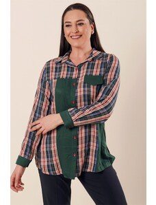 By Saygı Checked Patterned Shirt Green With Garnish Plus Size Plus Size