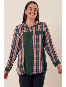 By Saygı Green Checkered Plus Size Shirt With Garnish
