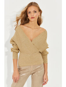 Cool & Sexy Dámský zlatý dvouřadý stříbřitý svetr