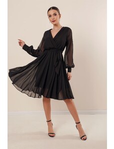By Saygı Double Breasted Neck Long Sleeve Lined Chiffon Dress