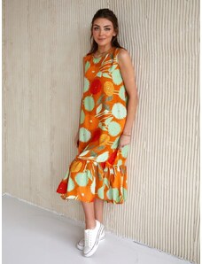The Still, BARLEY Květinové šaty áčkového střihu s oranžovým volánem 0594