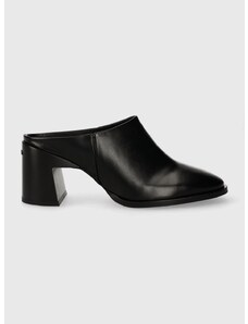 Kožené pantofle Calvin Klein GEO BLOCK MULE 60 dámské, černá barva, na podpatku, HW0HW01844