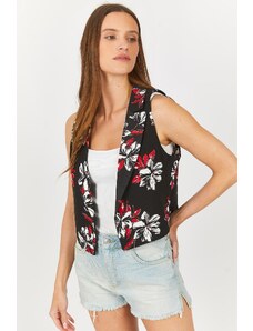 armonika Women's Red Patterned Crop Vest Without Buttons