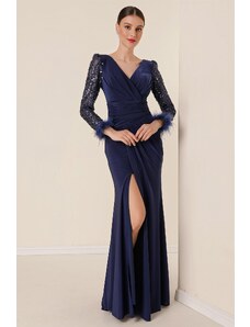 By Saygı Double Breasted Collar Front Draped Sleeves Sequin Feather Detailed Lined Lycra Long Dress Navy Blue
