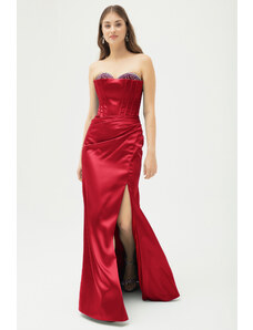 Lafaba Women's Red Stone Underwire Corset Slit Long Satin Evening Dress
