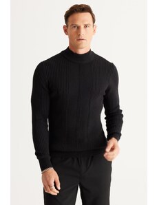 AC&Co / Altınyıldız Classics Men's Black Slim Fit Slim-Fit Cut Half Turtleneck Cotton Jacquard Knitwear Sweater.
