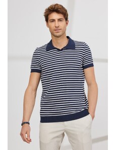 AC&Co / Altınyıldız Classics Men's Navy Blue-White Standard Fit Regular Cut Polo Neck 100% Cotton Short Sleeves Striped Knitwear T-Shirt.