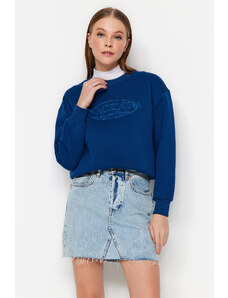 Trendyol Regular Fit With Indigo Embroidery, Crew Neck Fleece Inside Knitted Sweatshirt