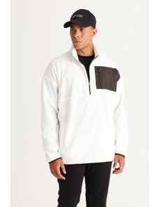 AC&Co / Altınyıldız Classics Men's White Oversize Wide Cut High Bato Collar Pocket Detailed Zippered Cold Proof Fleece Sweatshirt