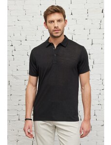 ALTINYILDIZ CLASSICS Pánské černé slim fit slim fit polo neck tričko s krátkým rukávem a lněným vzhledem.