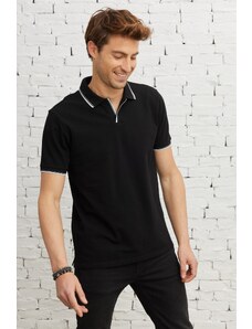 ALTINYILDIZ CLASSICS Men's Black Slim Fit Slim Fit Polo Neck 100% Cotton Short Sleeve T-Shirt