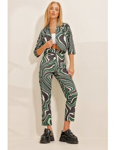 Trend Alaçatı Stili Women's Green Patterned Jacket Pants Set