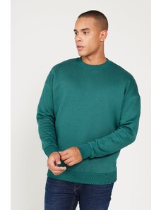 AC&Co / Altınyıldız Classics Men's Dark Green Oversize Fit Wide Cut Cotton Fleece Inner 3 Thread Crew Neck Sweatshirt