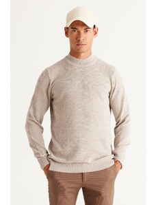 AC&Co / Altınyıldız Classics Men's Beige Melange Standard Fit Regular Cut Half Turtleneck Cotton Jacquard Knitwear Sweater