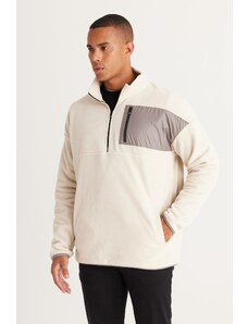 AC&Co / Altınyıldız Classics Men's Beige Oversize Wide Cut High Bato Neck Pocket Detailed Zippered Cold Proof Fleece Sweatshirt