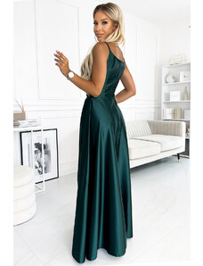 numoco 299-9 CHIARA elegantní maxi dlouhé saténové šaty bez ramínek - BOTTLE GREEN