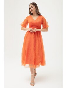 Lafaba Dámské oranžové balónové rukávy stříbřité večerní šaty