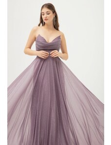 Lafaba Women's Lavender Chest Draped Slit Flared Silvery Evening Dress