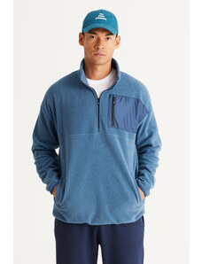 AC&Co / Altınyıldız Classics Men's Indigo Oversize Wide Cut High Bato Neck Pocket Detailed Zippered Warm Fleece Sweatshirt