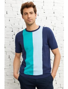 AC&Co / Altınyıldız Classics Men's Navy Blue Standard Fit Regular Cut Crew Neck 100% Cotton Striped Knitwear T-Shirt