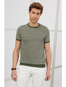 AC&Co / Altınyıldız Classics Men's Khaki-beige Standard Fit Regular Cut Crew Neck 100% Cotton Striped Knitwear T-Shirt