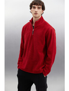 GRIMELANGE Hayes Men's Fleece Half Zipper with Leather Accessories Thick Textured Comfort Fit Claret Red Fleece