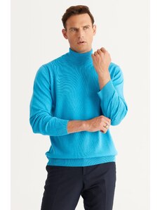 ALTINYILDIZ CLASSICS Men's Turquoise Anti-Pilling Standard Fit Regular Cut Half Turtleneck Knitwear Sweater.