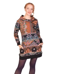 Krátké bavlněné šaty s kapucí, hnědé s potiskem L/XL , Nepál , 100% bavlna
